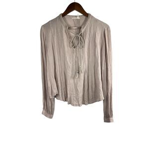 Floreat Women Size 10 Top Blouse Tan Cream Long Sleeve Brown V Neck Tie Crinkle‎